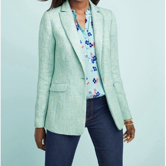 TALBOTS Women's Aqua Blue Luxe Tweed Tailored Career Blazer Jacket - Picture 3 of 14